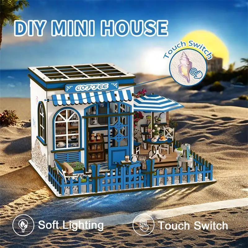 Sunshine Coffee House 3D Wooden Miniature Model Kit with LED Lights Assembly Building Puzzle, Perfect Desk Decor for Gift Giving