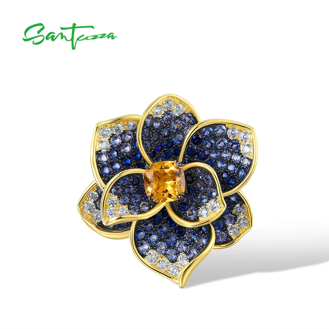 

SANTUZZA Real 925 Sterling Silver Pendant For Women Sparkling Blue Spinel Yellow Crystal Flower Luxury Wedding Fine Jewelry