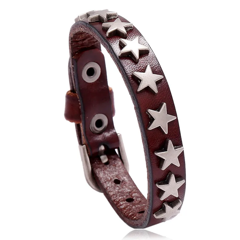 Star Punk Rock Wrap Leather Bracelet Men Vintage Spikes Rivet Gothic Wide Cuff Bracelets For Women Jewelry