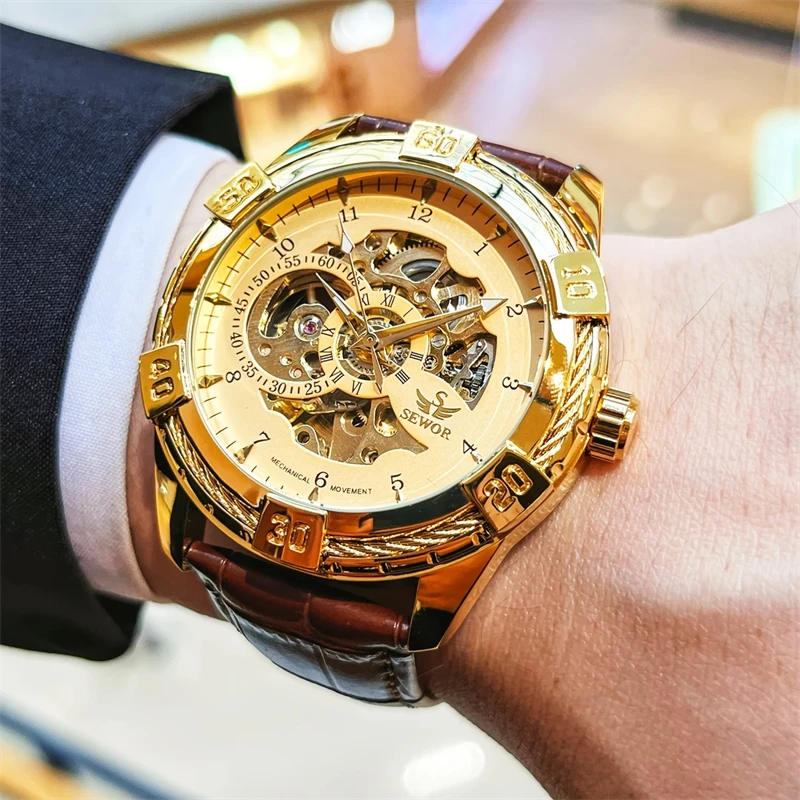 ساعة ميكانيكية أوتوماتيكية للرجال على الطراز الأوروبي والأمريكي والياباني والكوري هيكل عظمي توربيون، مع ميزات مضيئة، تصميم هيكل عظمي، ساعة رجال اجتماعية عصرية فاخرة للأعمال، أفضل هدية له