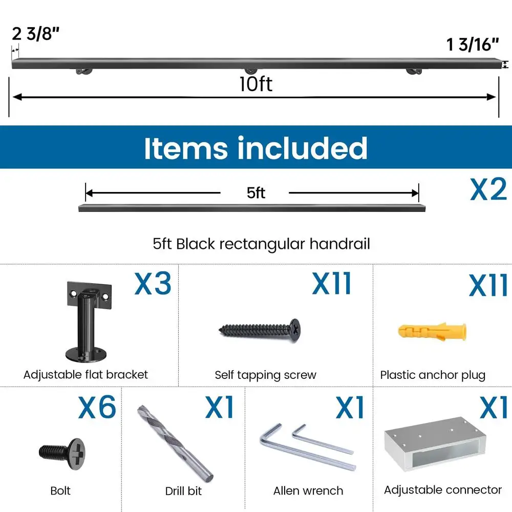 สแตนเลสสีดําติดผนังบันได Handrail 10Ft 1 "x 2" ความปลอดภัย Hand Rail ในร่มกลางแจ้งชุดติดตั้งง่ายอิฐหิน