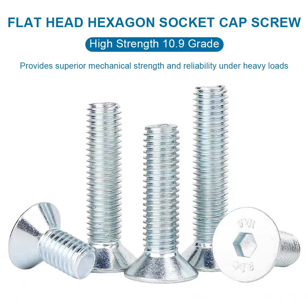 NINDEJIN Hexagon Socket Countersunk Head Screws 10.9 Grade Blue Zinc Steel M3-M16 Hex Socket Flat Head Allen Cap Screw DIN7991