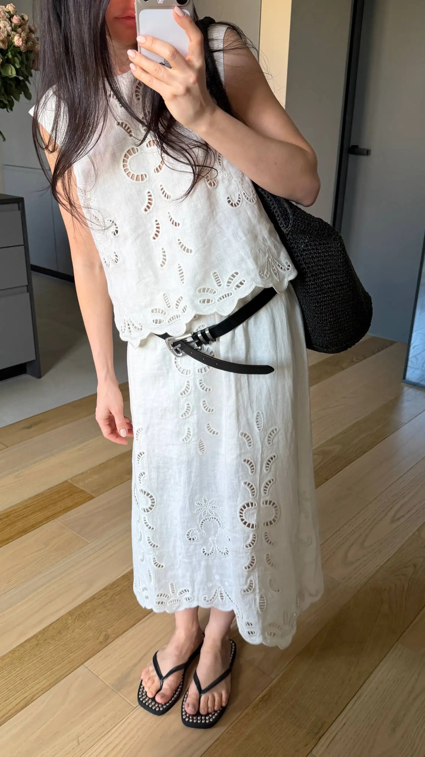 FSLE【Premium Series】Summer Women Linen Two Piece Set Cut-Out Embroidered Sleeveless Top Midi Skirt Boho Beach Vacation Style
