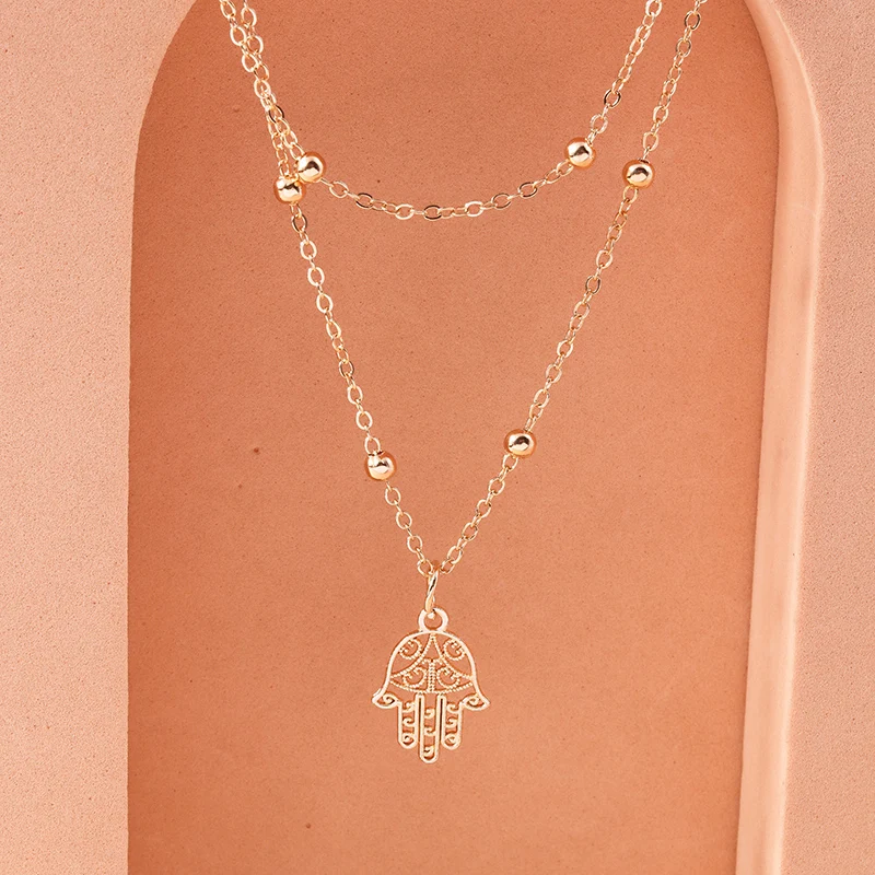 Aihua Fashion Double layer Beads Chain Necklace for Women Gold Silver Color Fatima Hamsa Hand Pendant Necklaces Fashion Jewelry