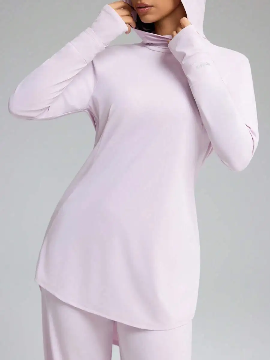 

Women Solid Color Hooded Lounge Set Loose Fit Long Sleeve Thumbholes UPF 40+ Mid-Length Top Wide Leg Pants