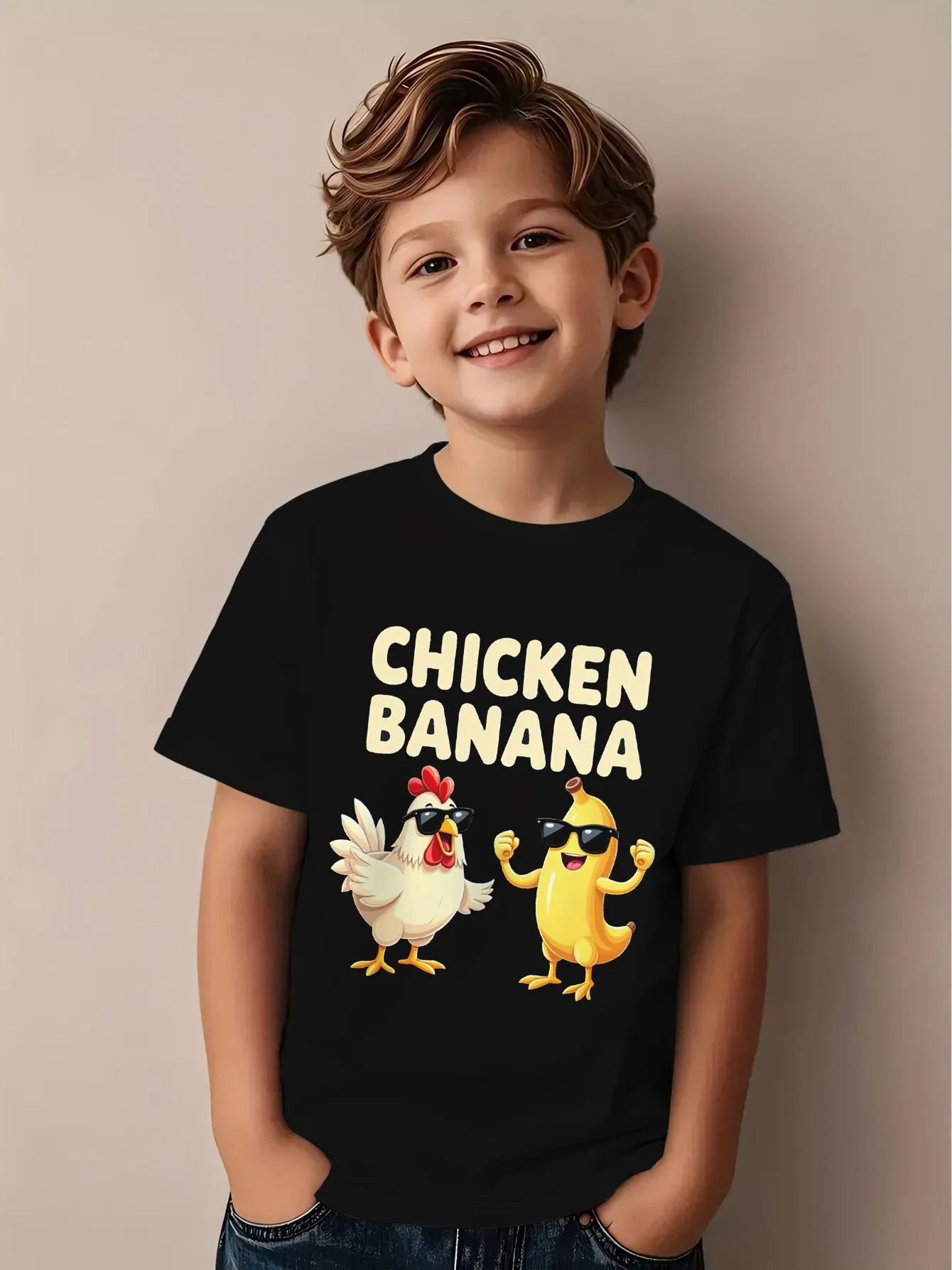 Unisex Cartoon Chick Banana Graphic T-shirt Crew Neck Short Sleeve Tee Lightweight Breathable Summer Casual Top for Men Women