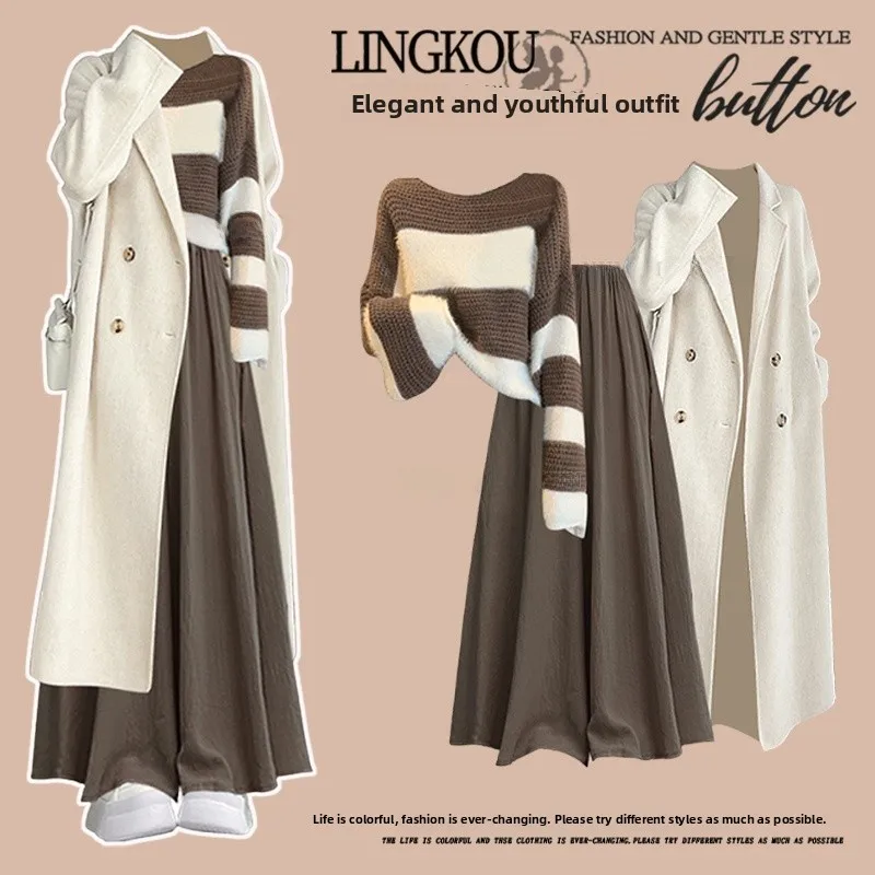 

Ele Autumnal Women's Knitted Sweater Set with Slimming Casual Pants And Long Coat Vintage Striped Tee-piece Faion Ens...
