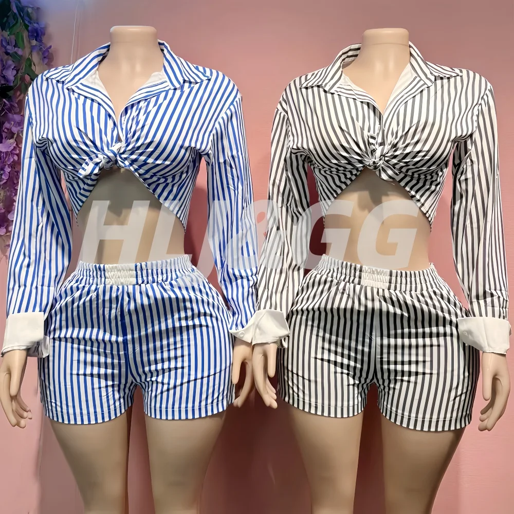 

HLJ Spring Summer Ladies Shorts Outfits Stripes Crop Shirt Top + Shorts Two Piece Set Casual Matching Women 2 Piece Clothing Set