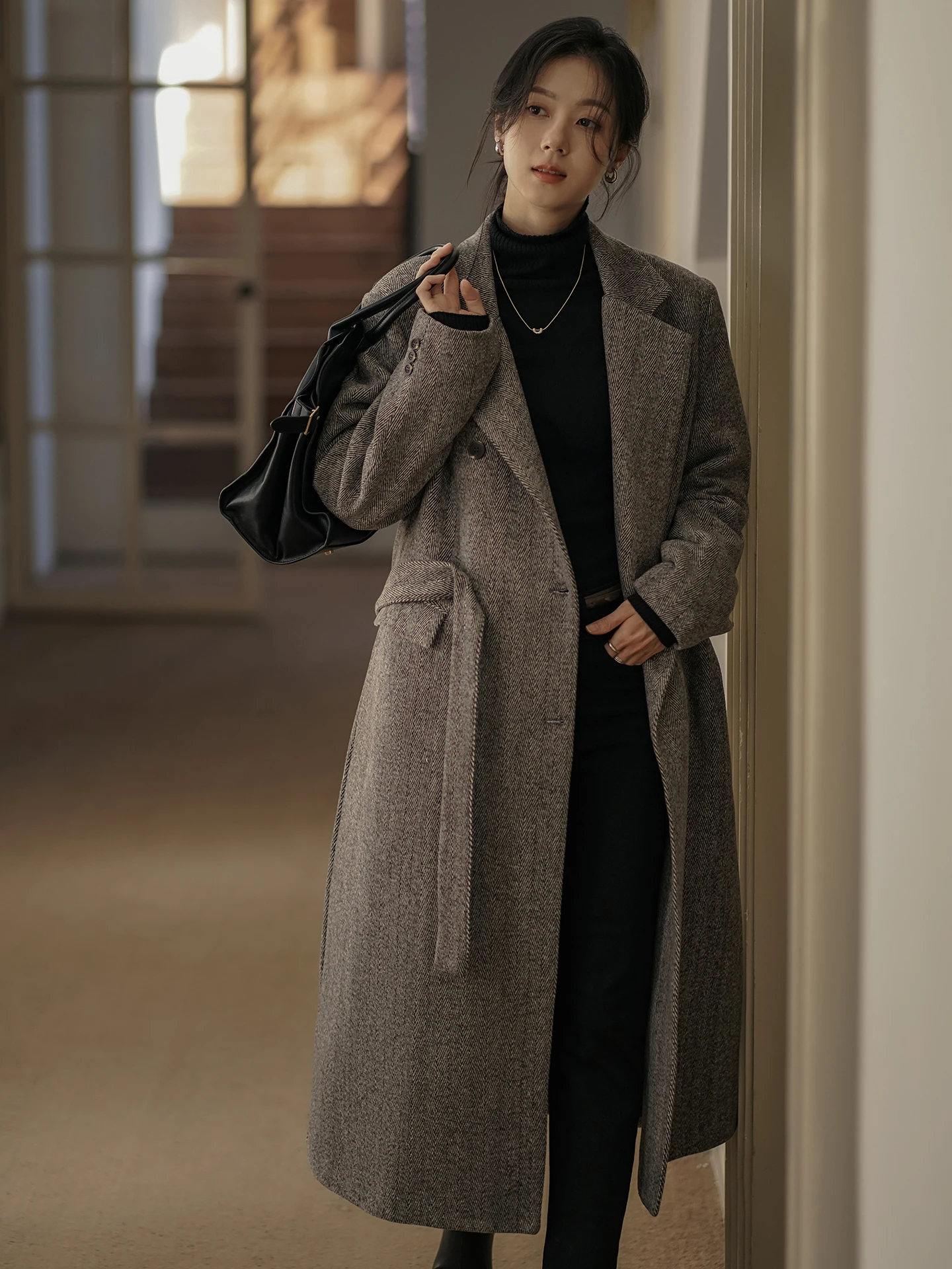 

Корейское шерстяное пальто-костюм для женщин, свободного прямого кроя, с узором «ёлочка», средней длины, повседневное, для работы и на каждый день