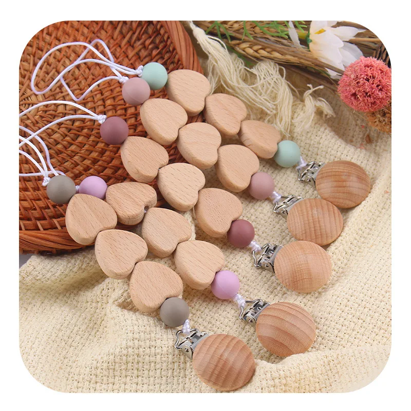 ABCPICK Love Heart Beech Wooden Pacifier Pendant Baby Bead Pacifier Chain Holder Dummy Clips Teether Newborn Nursing Accssories