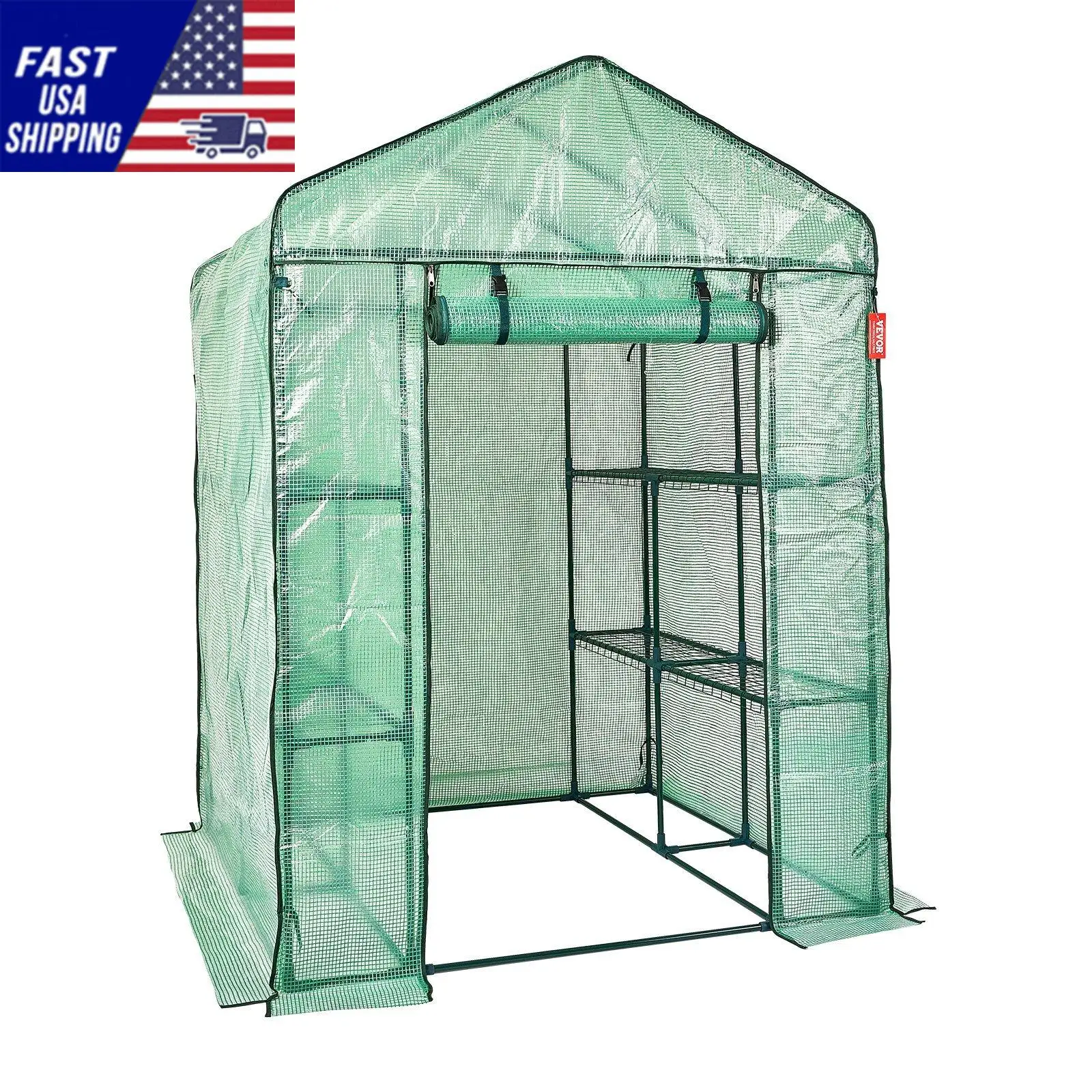 Walk-in Green House, 4.6 x 4.6 x 6.6 ft , Greenhouse with Shelves, High Strength PE Cover with Zipper Door and Steel Frame