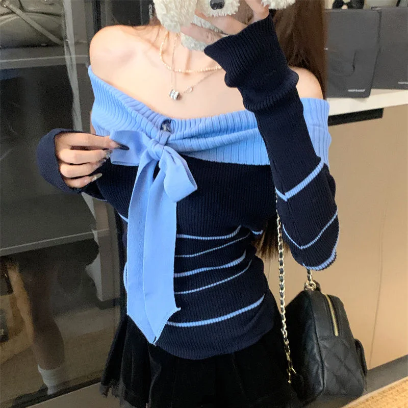 التباين اللون مخطط ضمادة القوس مائل الرقبة سترة المرأة الخريف الحلو سليم صالح كم طويل قصير بلوفر مغزول