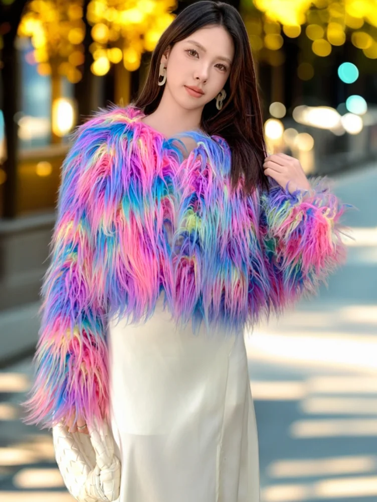 Female Autumn/Winter Colourful Faux Fur Coat fashion Lady Shaggy Outerwear Women's Furry Jacket Performance Costume