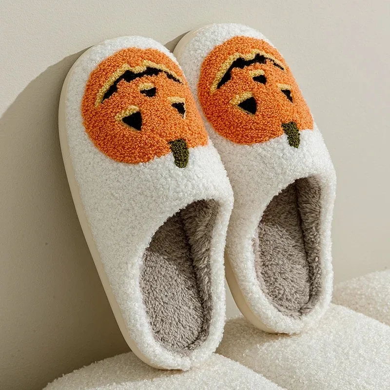 Smile Pumpkin Halloween Women's Slippers Winter Indoor Cartoon Comfort Home Bedroom Soft Causal Flat Plush Shoes for Gift