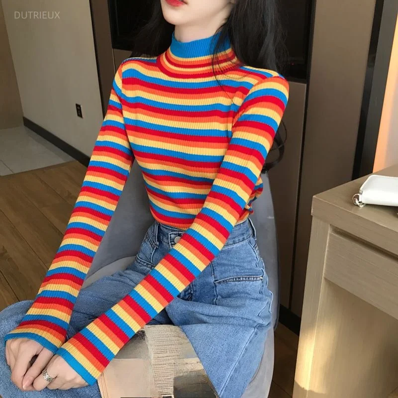 女性セーター Y2k 服カラフルなストライプハーフハイカラーショートプルオーバーコントラストカラー韓国ファッションプルファム 1