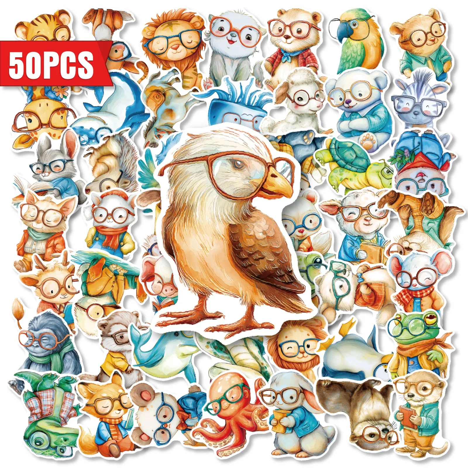 50PCS Cute Animals with Glasses Stickers Waterproof Self-Adhesive Synthetic Paper Decals for Laptop Scrapbook Stationery Gifts