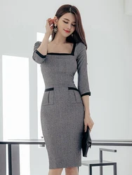 New Spring Autumn Fashion Vintage Work Style Formal Pencil Dress Women Clothes Elegant Office Square Collar Slim Midi Vestidos