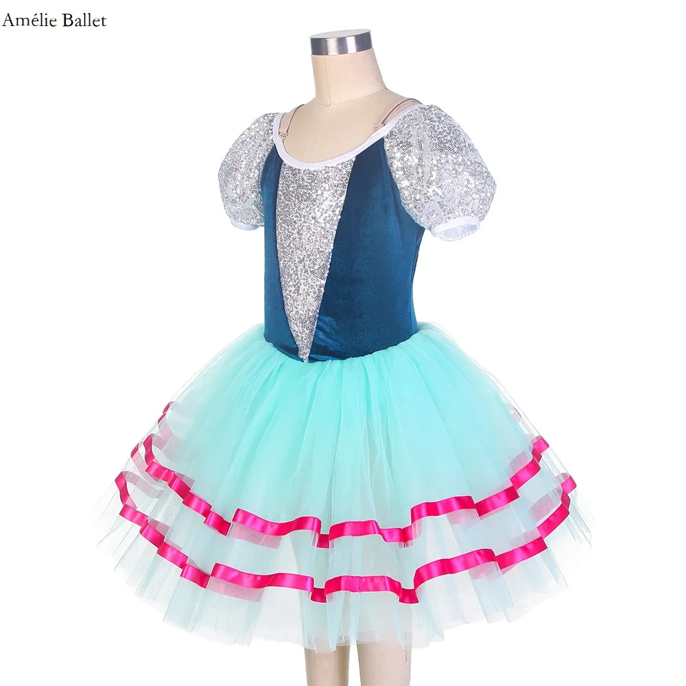 

20803 Зеленое бархатное платье-боди с короткими рукавами и прикрепленной романтичной длинной пышной юбкой из мягкого фатина для девочек, балетное туту для танцев