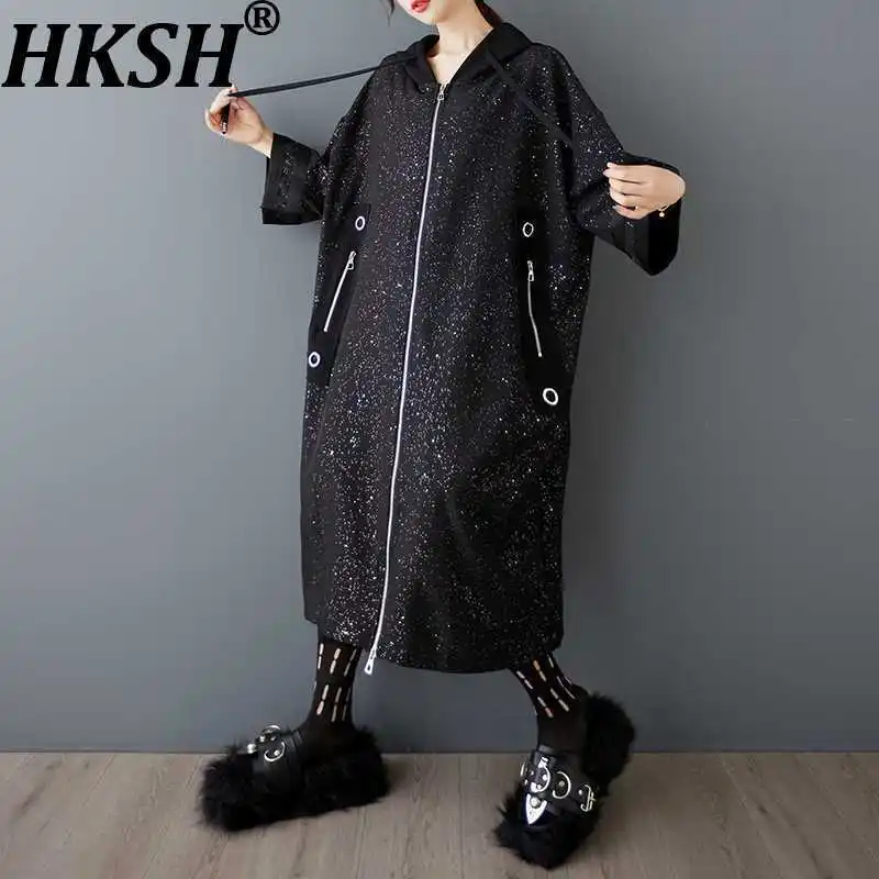 

HKSH Spring Autumn New Women Long Jacket Hodded Drawstring Zipper Pockets Elegant Fashion Casual Oversized Batwing Coats HK13767