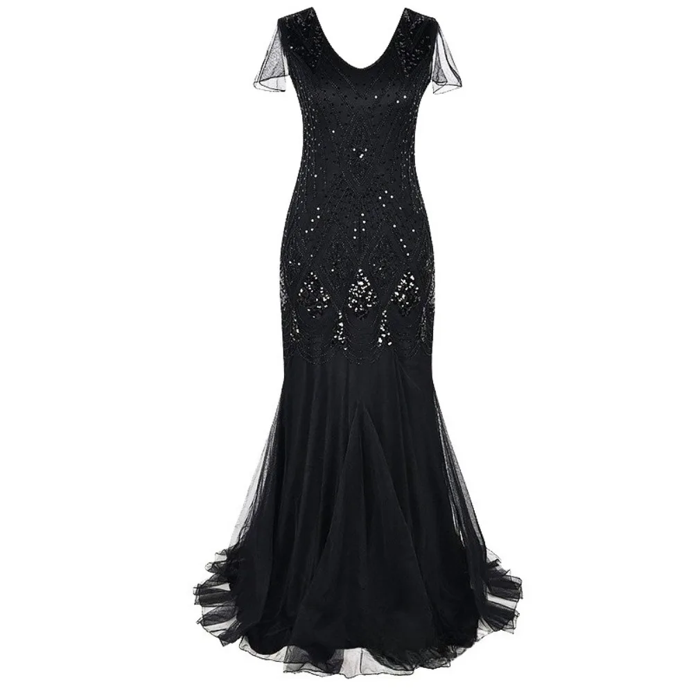 Damen 1920er Jahre Vintage Pailletten Abendkleid Luxus Meerjungfrau Maxikleid Formelle Bankette Cocktailpartys