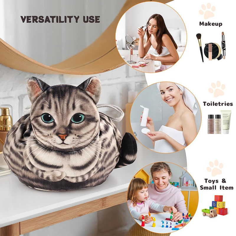 Cute Cat Makeup Bag Drawstring Closure 3D Cat Head Design Flat Cosmetic Pouch Gift for Women Cat Lovers Travel Organizer Bag