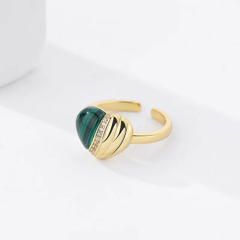 S925 Sterling Silver Women's Rings With Natural Malachite Elegant Heart Shape Opening Type Finger Ring Birthday Party Jewelry