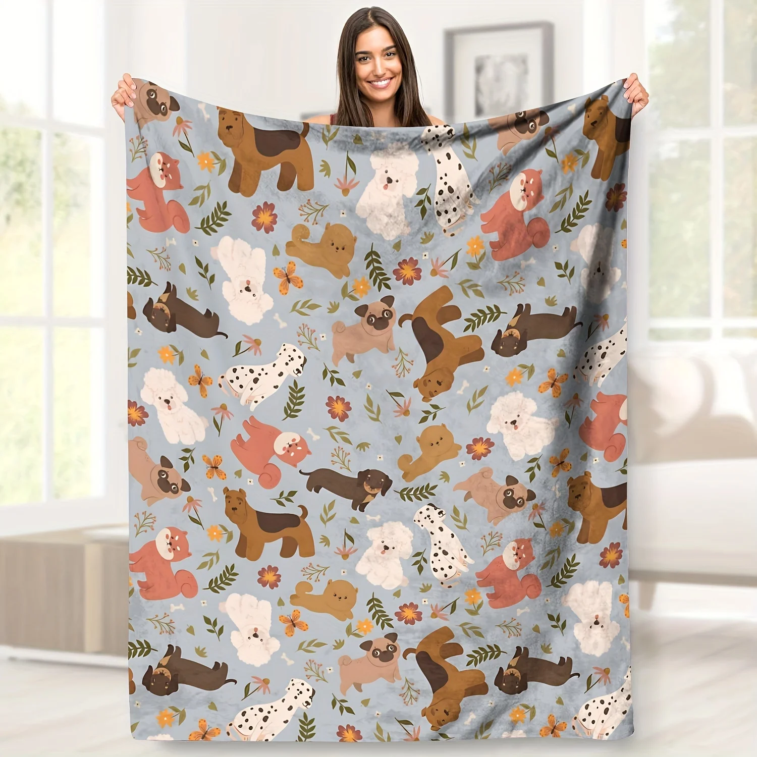 Hand Drawn Pug Dalmatian Teddy Dog Wildflower Plant All Over Pattern Soft Blanket For Bed Travel Indoor Outdoor Relaxation