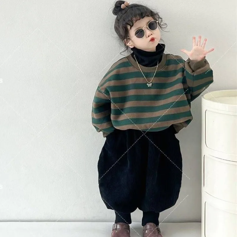 الأطفال المخملية سميكة قطعتين مجموعة الخريف الشتاء الفتيان الفتيات مخطط فضفاض جولة الرقبة هوديي مع Harajuku الساق الجوارب #1