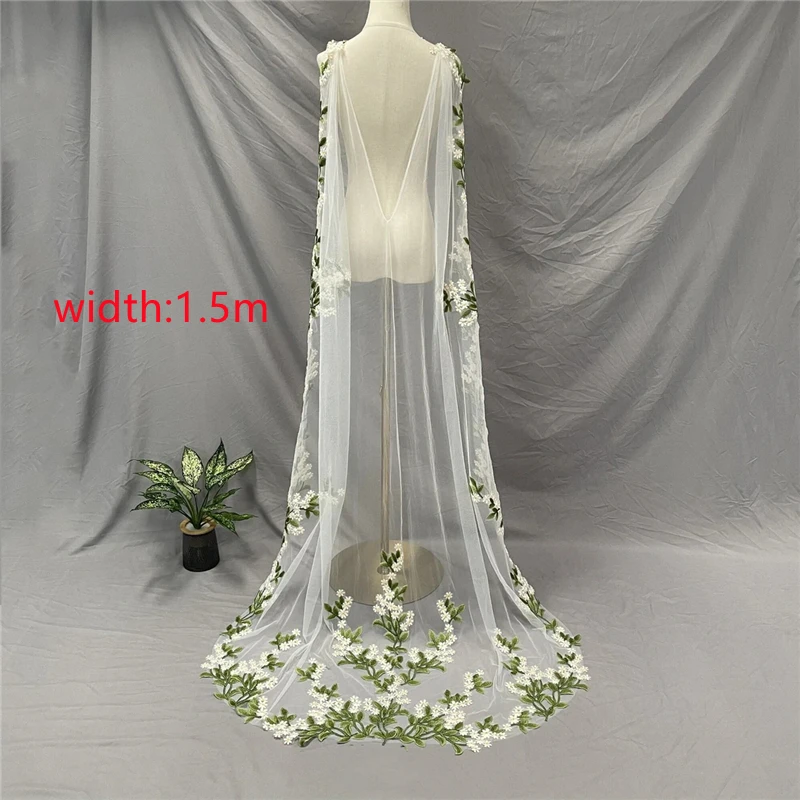 Green Leaves Floral Bridal Wedding Cape Shoulder Veils Long Yellow Flowers Unique For Brides Cloak Cathedral Long White Tulle