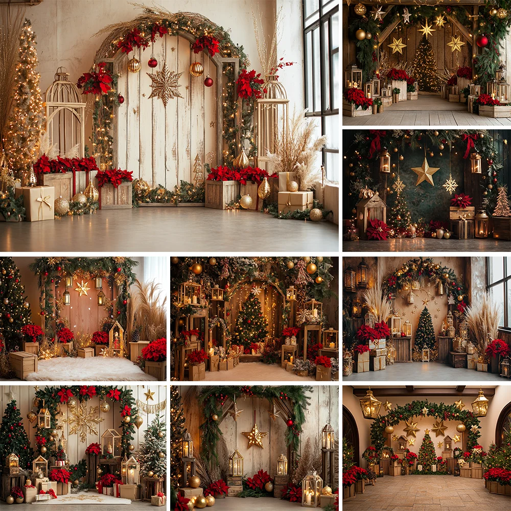 

Photography Background Winter Christmas Gold Red Arch Xmas Tree Gifts Kids Family Portrait Decor Backdrop Photo Studio