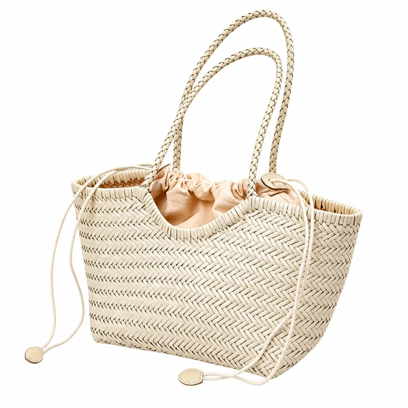 Women Genuine Cowhide Woven Basket Bag French Chic Handmade Leather Tote Shoulder Bag Vacation Handbag