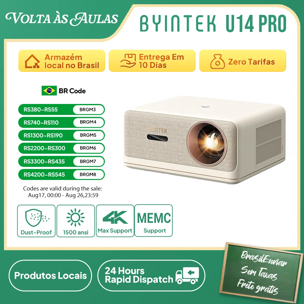 Projetor BYINTEK U14 Pro 4K 1080P 1500 ANSI Lumens Android 11 Bluetooth 5.0 Wi-Fi Auto Keystone Home Theater