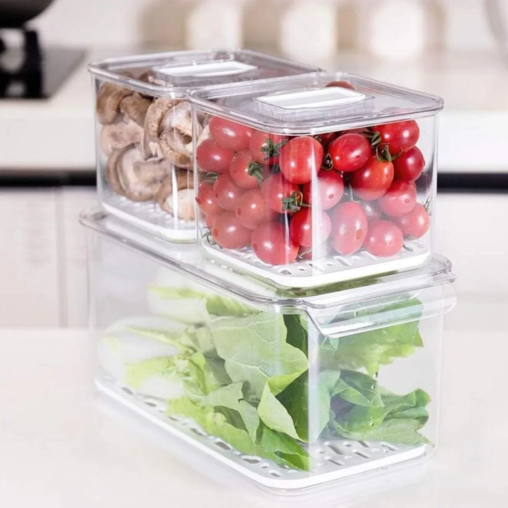 Stackable Fridge Produce Saver Containers with Vented Lids, 3-Pack - Keep Fruits & Vegetables Fresh Longer