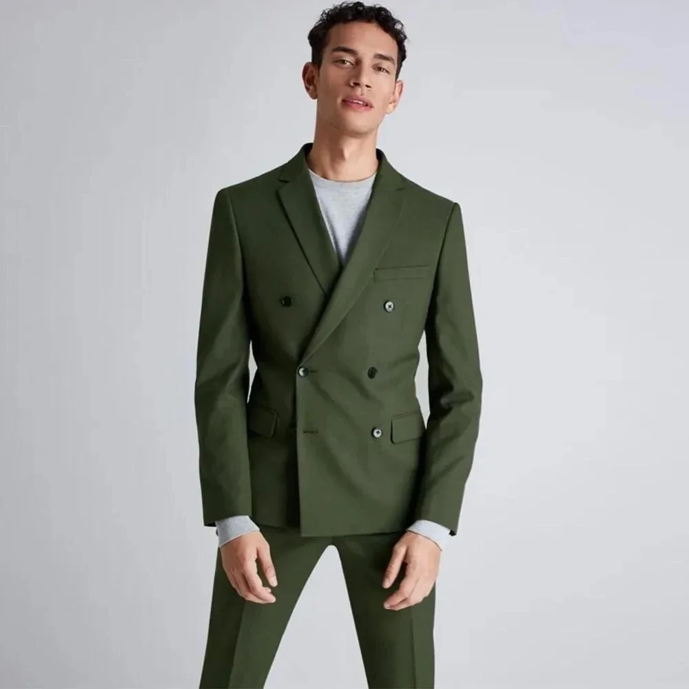 

Chic Notch Lapel Double Brested Green Men Suits Regular Length Flat Front Prom Party Blazer Luxury Costume Homme Suits for Men