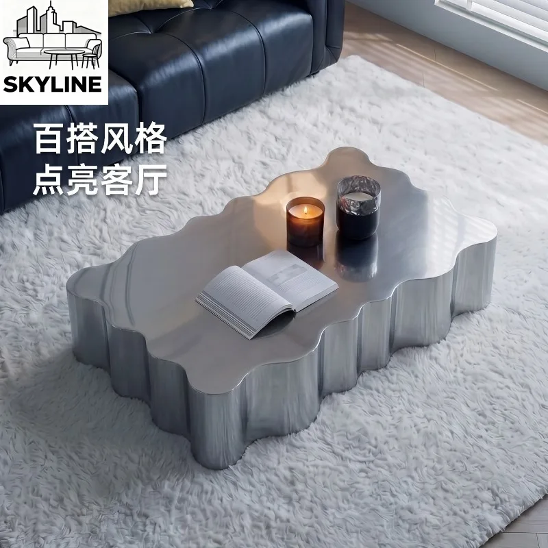 High-end custom 304 stainless steel coffee table silver metal brushed Italian minimalist living room light luxury
