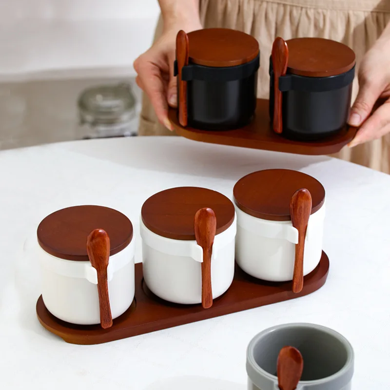 Solid Color Ceramic Spice Jar with Wooden Lids Modern Kitchen Salt Sugar Jar Oil Bottle Chili Pepper Shakers Kitchen Utensils