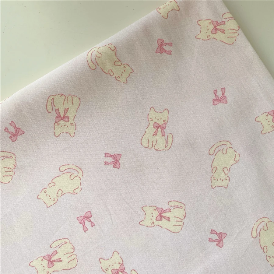 DIY Fabric Kawaii Pink Kitty Bowknot Printed Fabrics Pure Cotton Handmade Doll Hair Ring Dress Pajamas Hand Sewing Fabric