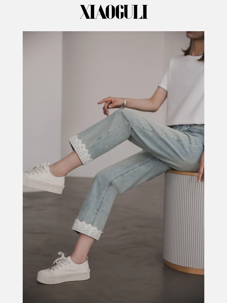 

Летние новые дизайнерские узкие прямые джинсы, женские лоскутные кружевные брюки с высокой талией, повседневные микроэластичные брюки в китайском стиле