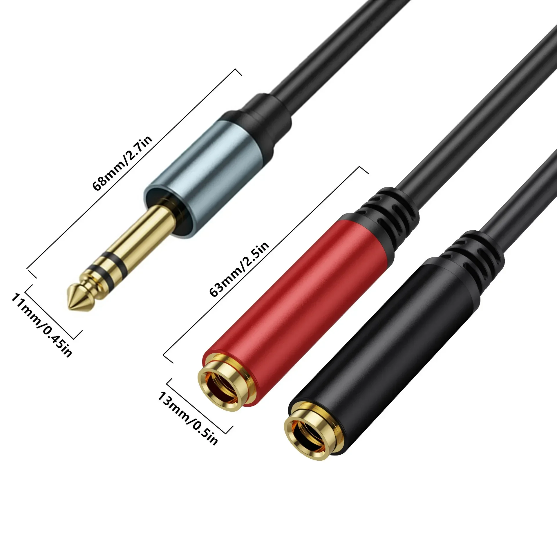 Metal shell gold-plated 1/2 6.35mm stereo dual sound conversion 2* 6.35mm female audio speaker Y-shaped extension cable