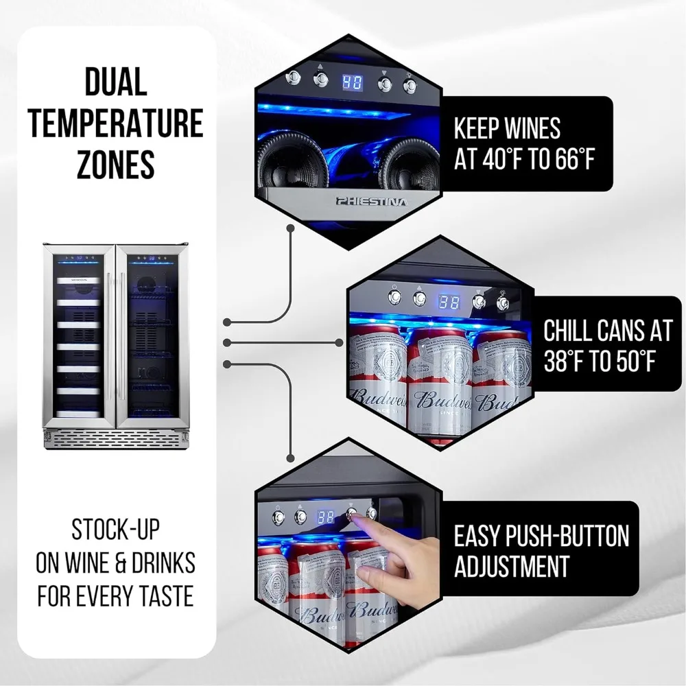 ثلاجة نبيذ ومشروبات ، ثلاجة نبيذ ثنائية المنطقة مدمجة قائمة بذاتها ، 20 زجاجة و 78 علبة ، 24 إنش