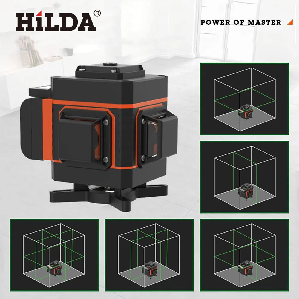 HILDA 3°/4D Laser Level 16/12 Lines Self-Leveling 360 Horizontal And Vertical Cross Super Powerful Green Laser Beam Line