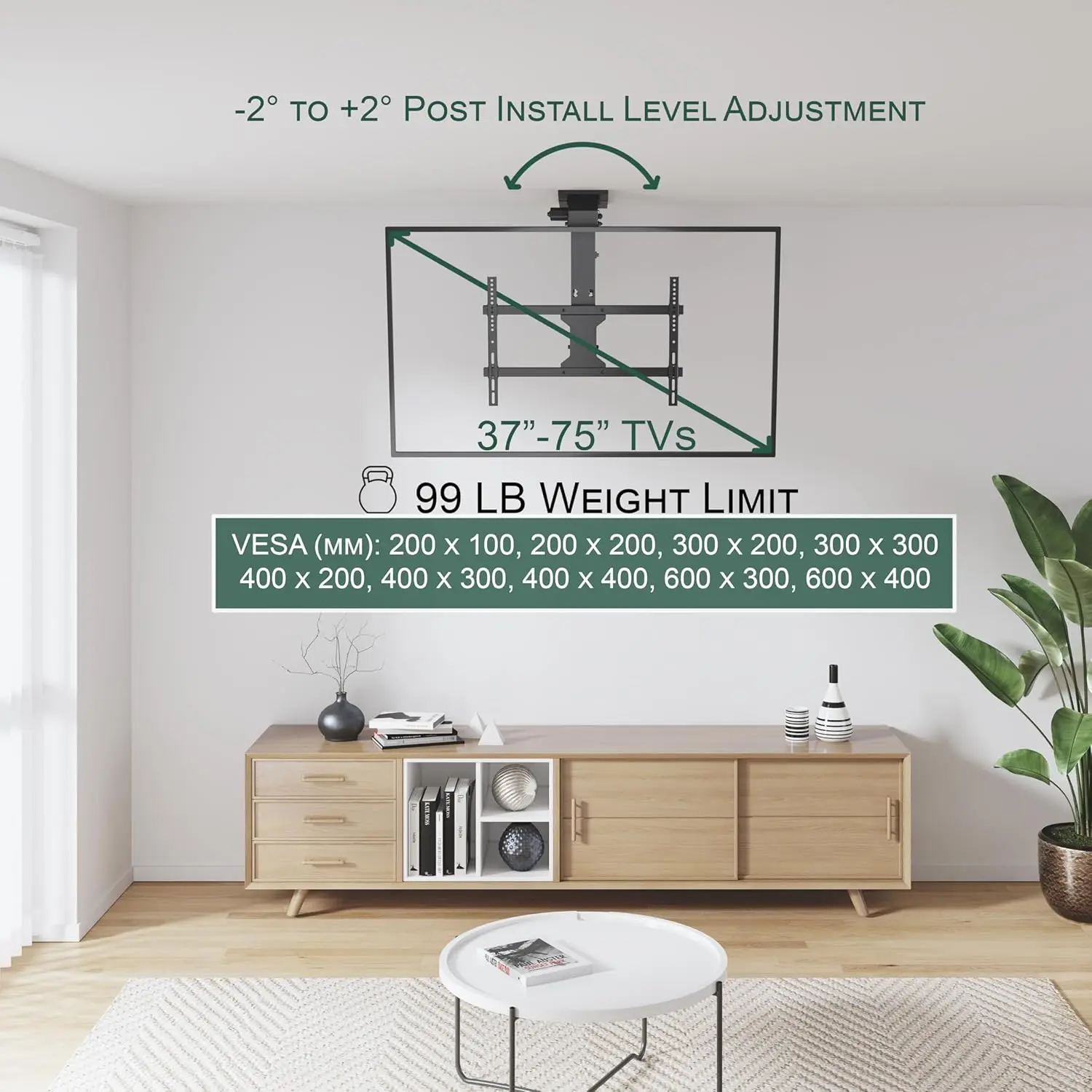 حامل سقف تلفزيون كهربائي ذكي بمحرك - حامل تلفزيون سقف قابل للطي 37-75 بوصة، بحد أقصى VESA 600x400 - يتم التحكم فيه بالصوت/التطبيق