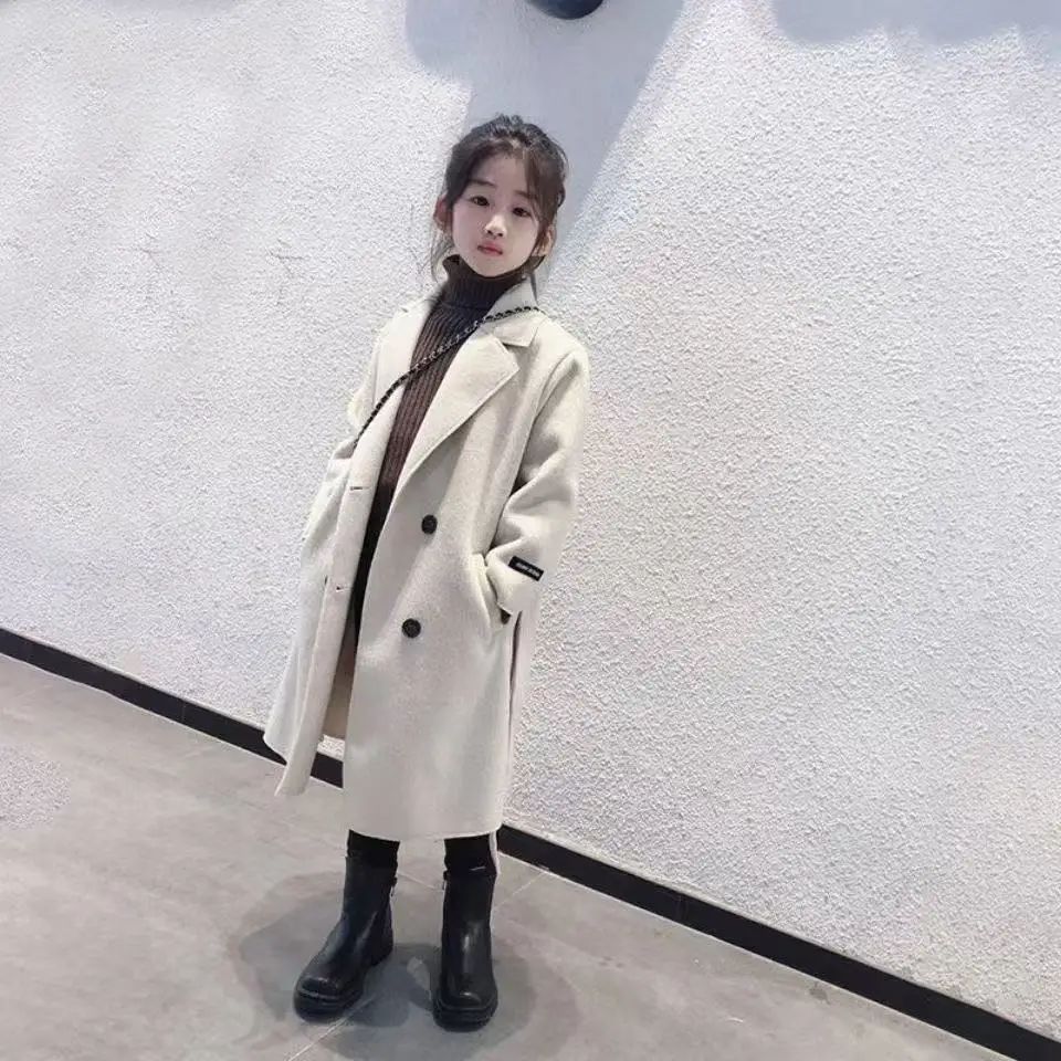 

Girls Woolen Coat Overcoat Jacket Windbreak Sweet Warm Plus Thicken Autumn Winter Cotton School Children's Clothing Double-sided