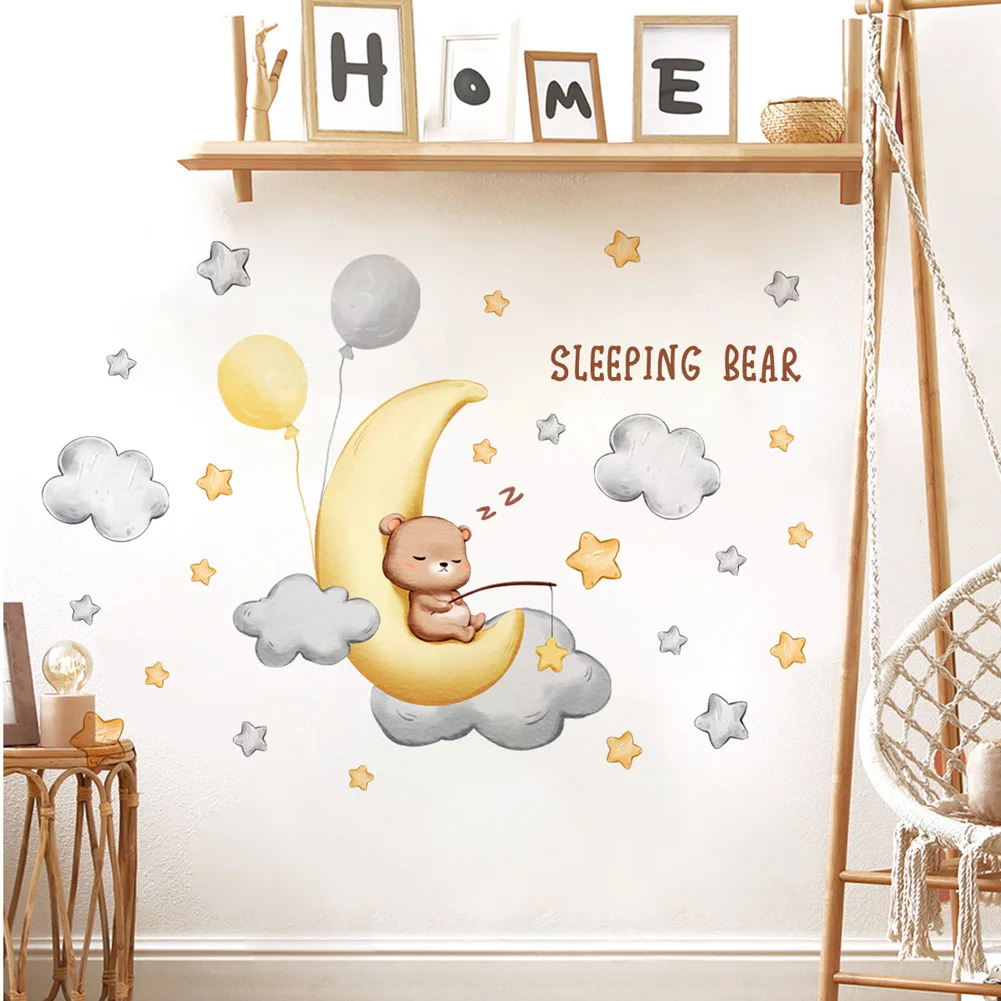 Cartoon Sleeping Bear Wall Sticker For Kids Room Decor Wallpaper Baby Bedroom Background Home Decoration Self-adhesive Decals
