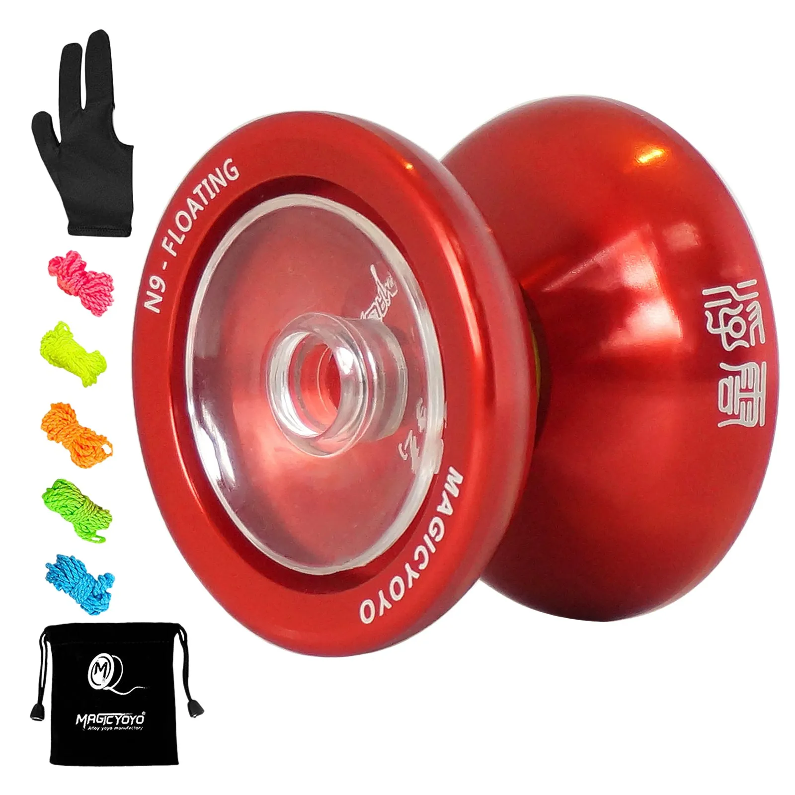 MAGICYOYO N9 Metal Yoyo Side Shaft Top Fingerplay Aluminum Alloy Professional Yoyo with 5 Strings,Gloves(Red)