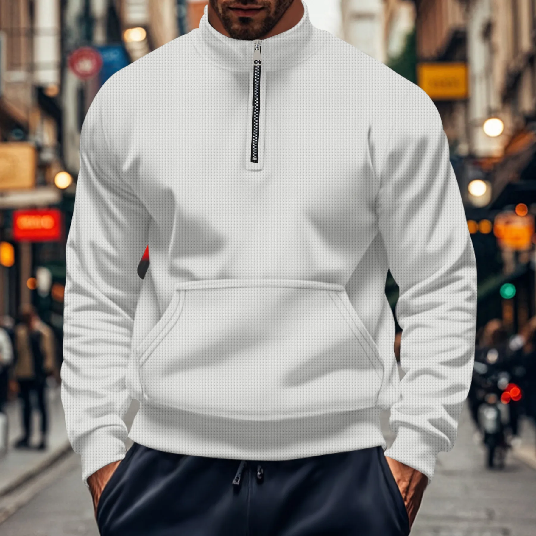 

New style Men's high neck zipper pocket long sleeve Hoodie spring autumn fashion leisure outdoor sports loose solid color Tops