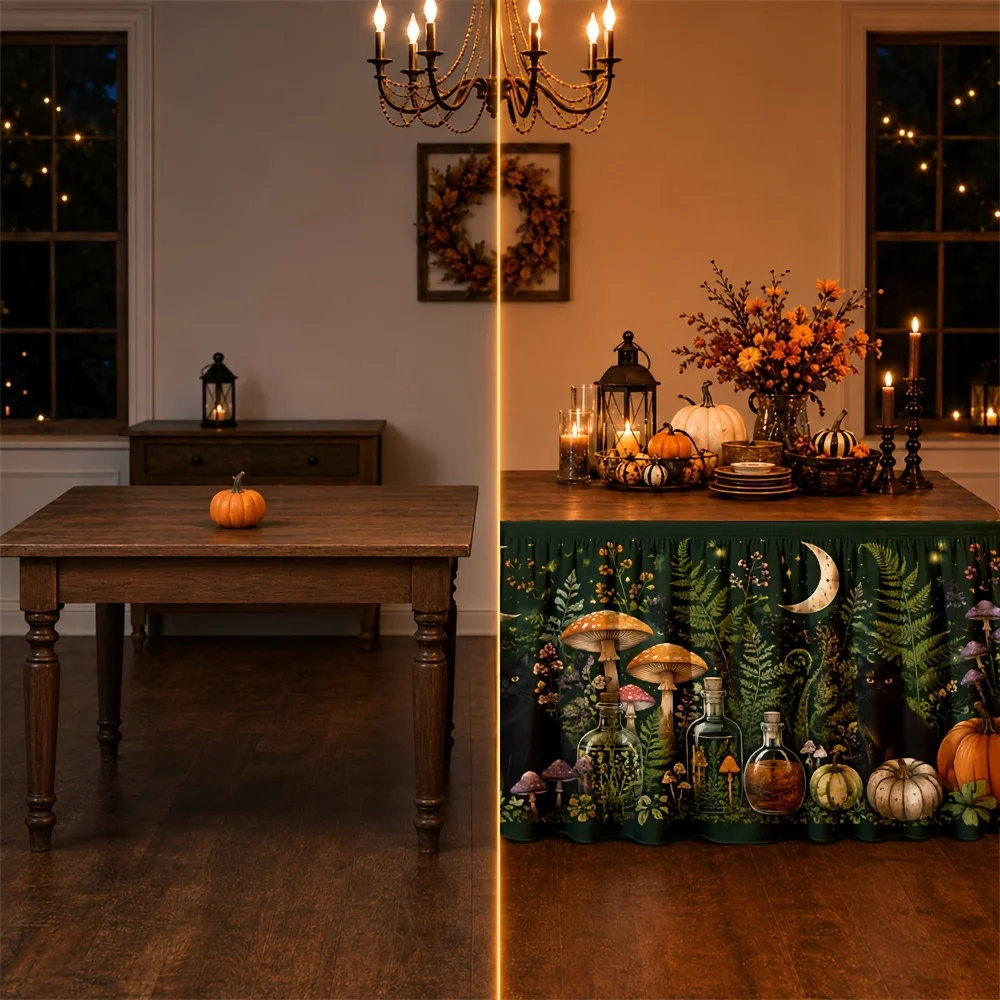 One table skirt. Halloween forest table skirt print. Mystical magic fantasy style. Dark green fern.zyc