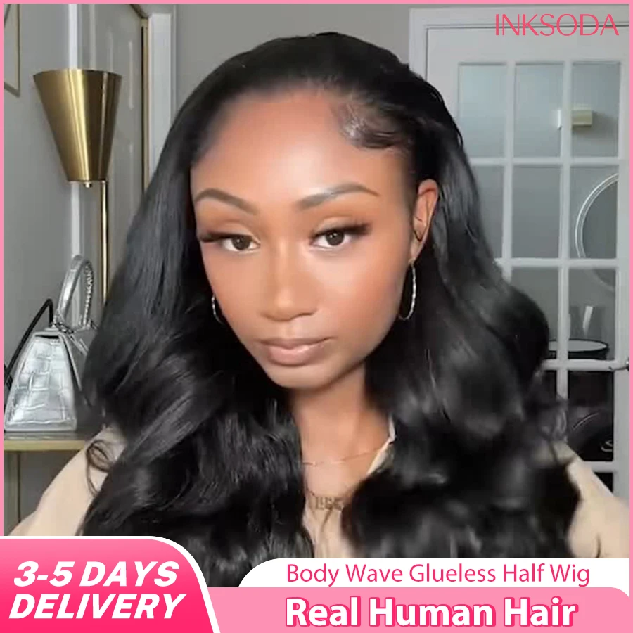 220% Density Body Wave 3 IN 1 Half Wigs Human Hair 36 Inches Glueless Wig Human Hair Half Wig Drawstring Body Wave Hair Half Wig