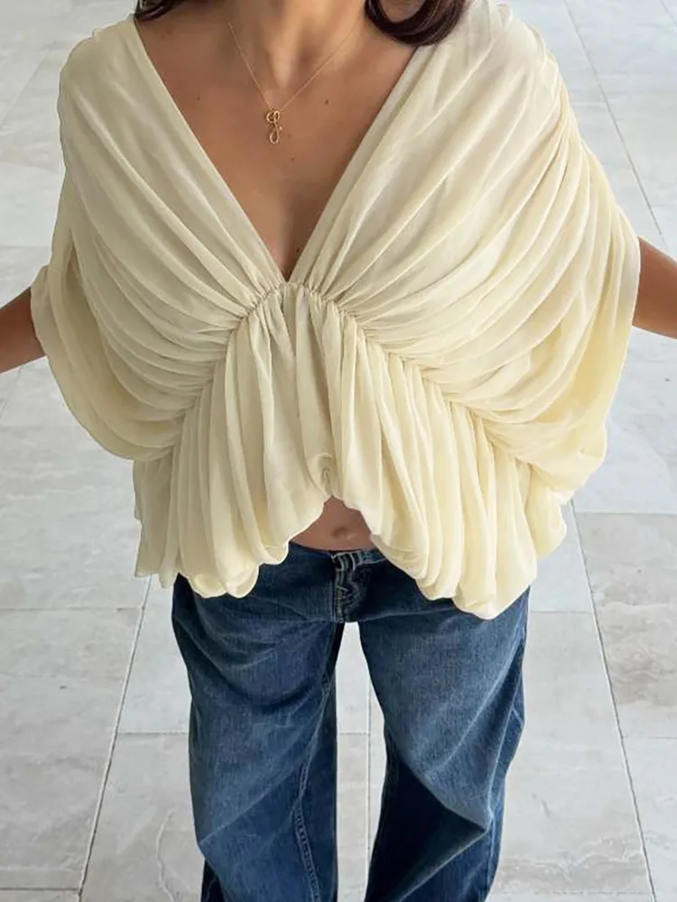 

Mozision Women Sheer Mesh Batwing Sleeve Blouse Elegant Deep V Neck Ruched Pleated Crop Top Female See Through Club Party Shirt