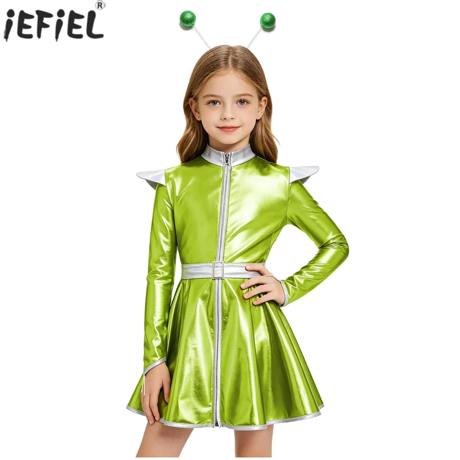 Kids Girls Alien Robot Cosplay Costume Metallic Long Sleeves Zipper A Line Dress with Hair Hoop for Halloween Outer Space Party